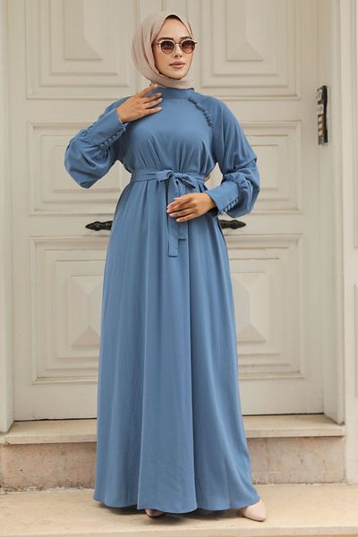 Neva Style Rochie Hijab Albastră cu centură 33014m