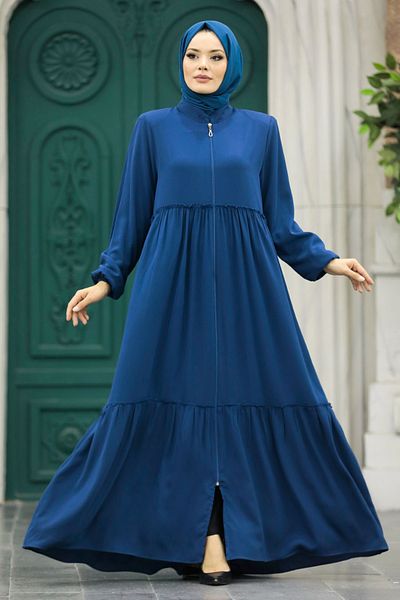 Neva Style Folded Pleated Indigo Blue Hijab Rabia Crepe Ferace 615ım