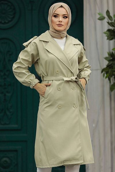 Neva Style Buttoned Light Khaki Hijab Trench Coat 647Ahk