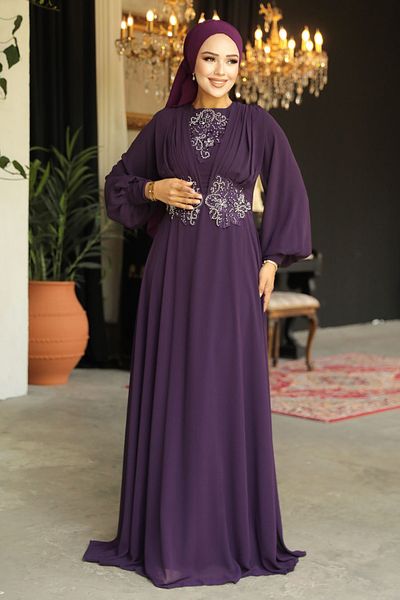 Neva Style Lace Plum Hijab Evening Dress 9118mu