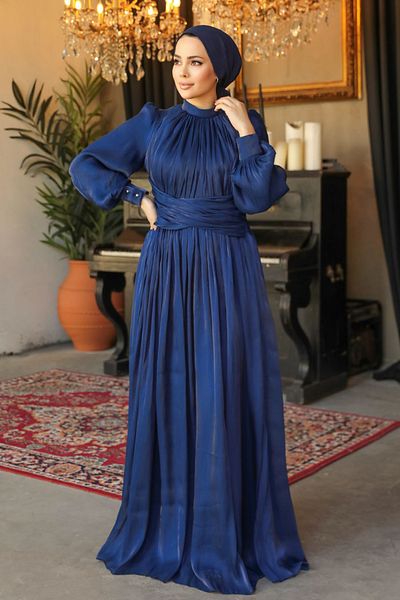 Neva Style Balloon Sleeve Navy Blue Hijab Evening Dress 46221L
