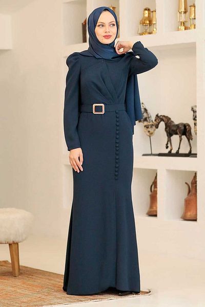Neva Style Βραδινό φόρεμα με κουμπιά με λεπτομέρεια Fish Navy Blue Hijab 3231l