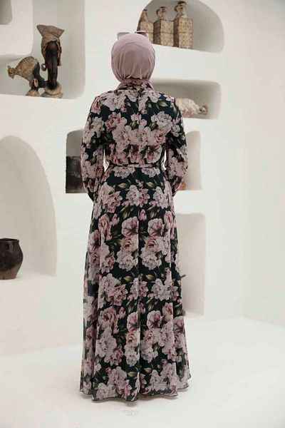 Neva Style - Rochie Hijab Neagră cu Motiv Floral 279058 s