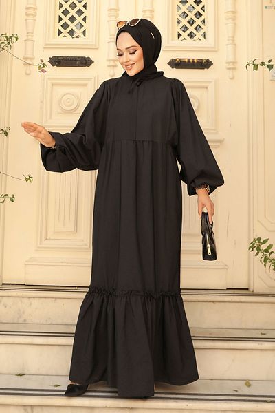 Neva Style Φόρεμα με μανίκια μπαλόνι μαύρο χιτζάμπ ποπλίνα 57341s