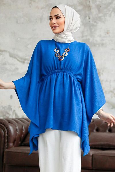 Neva Style معطف حجاب ساكس أزرق بخصر مطاطي 41259sx