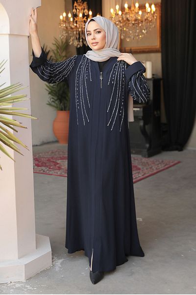 Neva Style Navy Blue Hijab Abaya - Bead Embroidered, Model 29111L