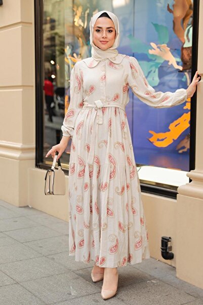 Neva Style Patterned Salmon Hijab Dress 10302Smn