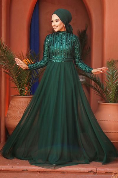 Neva Style Sequin Sequined Green Hijab Evening Dress 5338Y