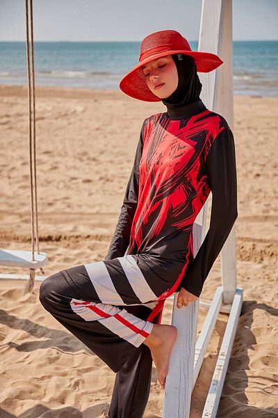 Neva Style Patterned Black Full Covered Hijab Swimsuit M2303S