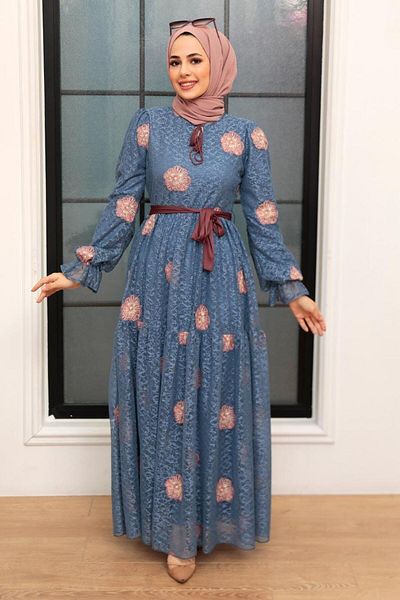 Neva Style Φόρεμα Hijab με μοτίβο λουλουδιών Indigo Blue 1216ım