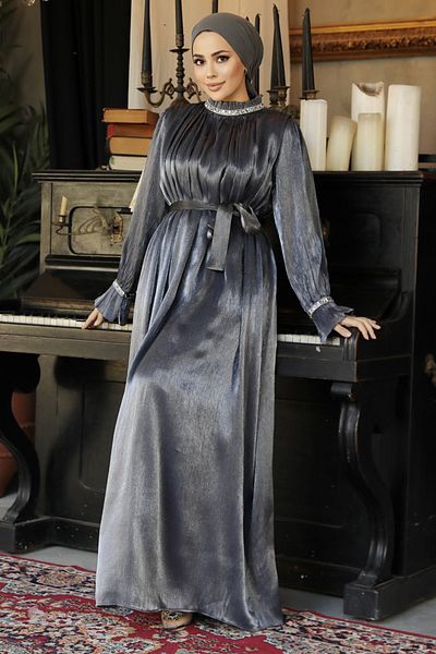 Neva Style Μπλε ναυτικό ντραπέ φόρεμα Hijab - 25261L