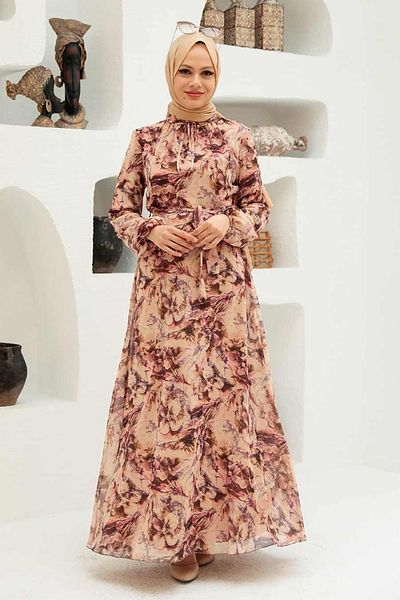 Neva Style Rochie Hijab Bej cu Motiv Floral 279057bej