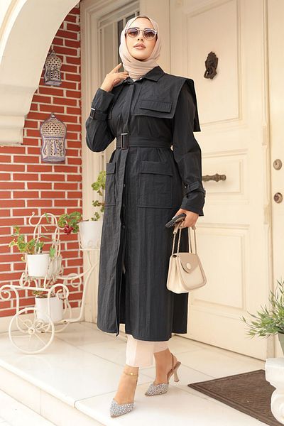 Neva Style Trenci negru Hijab - Detaliu guler marinar, 19023S