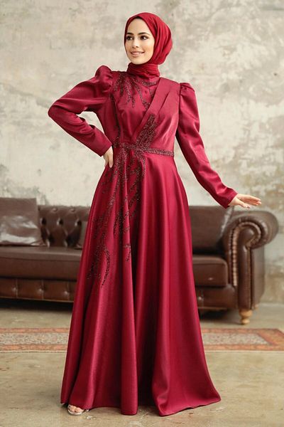 Neva Style Rochie de seara din satin musulman brodata cu margele 3915br