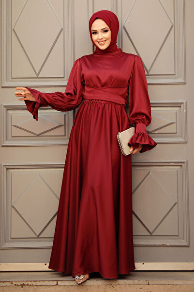 Neva Style Burgundy Hijab Satin Evening Dress 5983Br