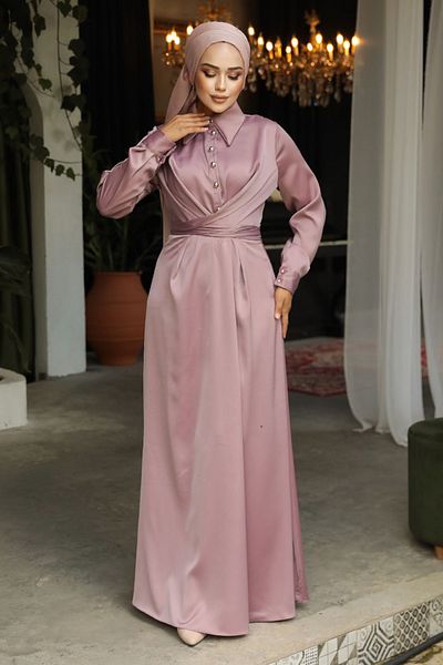 Neva Style Dried Rose Satin Hijab Dress - Button Detail 45661GK