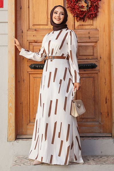 Neva Style فستان حجاب بني منقوش - 4645KH