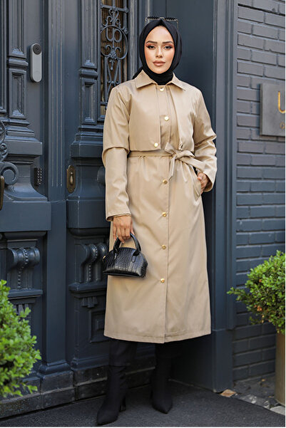 Neva Style Düğmeli Bej Tesettür Trençkot 62131BEJ