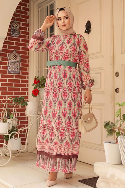 Neva Style Ethnic Patterned Pink Hijab Dress 3536P