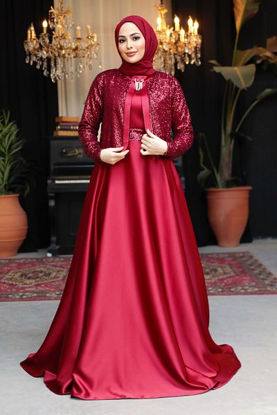 Neva Style Rochie de seara cu hijab - Rochie de seara din satin musulman burgundy cu detaliu jacheta 25881br