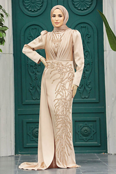 Neva Style Beaded Gold Hijab Evening Dress 23122Gold