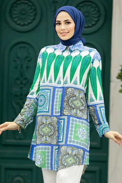 Neva Style Tunica albastra din vascoza hijab cu model 11618m