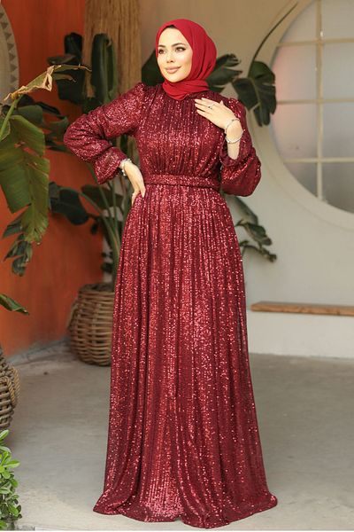 Neva Style Sequined Burgundy Hijab Evening Dress 44961Br