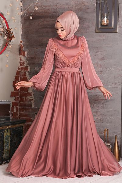 Neva Style Tasseled Copper Hijab Evening Dress 21731Bkr
