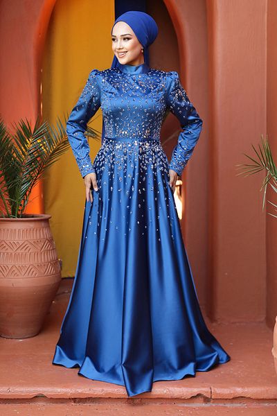 Neva Style Bead Detailed Indigo Blue Hijab Satin Evening Dress 25894ım
