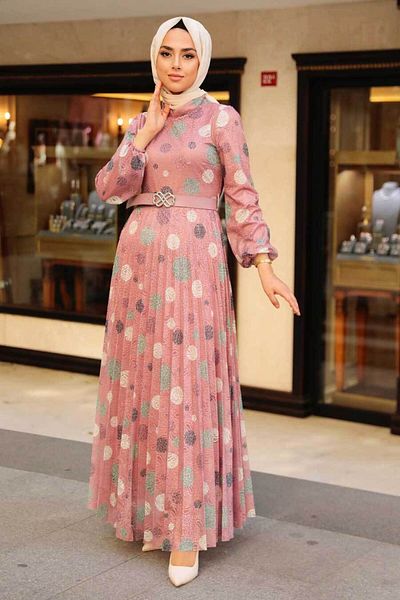 Neva Style Rochie Hijab Dusty Rose cu Motiv Buline 11871gk