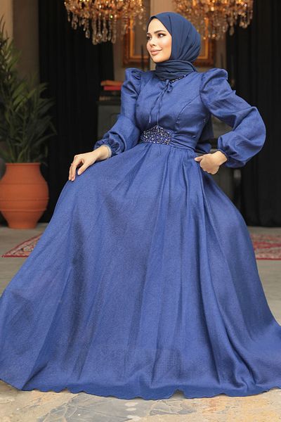Neva Style Balloon Sleeve Navy Blue Hijab Evening Dress 45581L