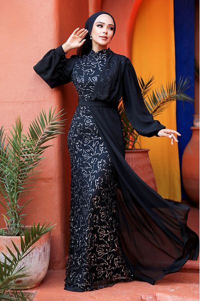 Neva Style فستان سهرة حجاب - شيفون مزين بالترتر فستان سهرة حجاب فضي 5516 جم