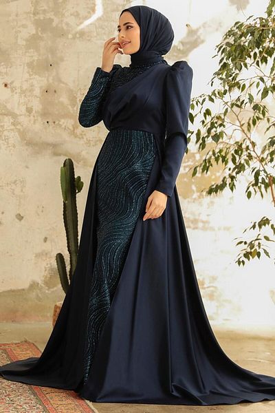Neva Style Βραδινό φόρεμα με ουρά Navy Blue Satin Hijab 22924l