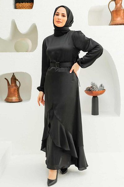 Neva Style Rochie de seară cu volan neagră Hijab 4566s