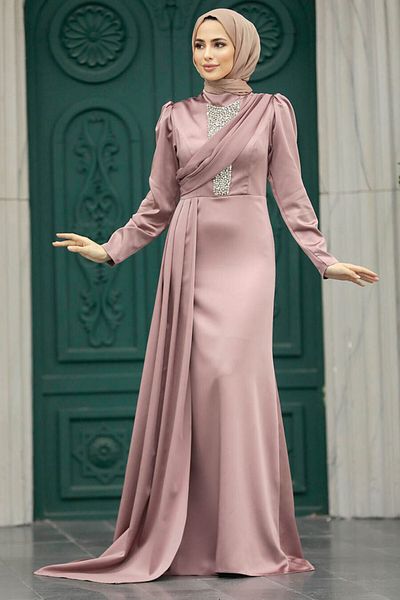 Neva Style فستان سهرة حجاب من الساتان النحاسي الذيل 22891bkr