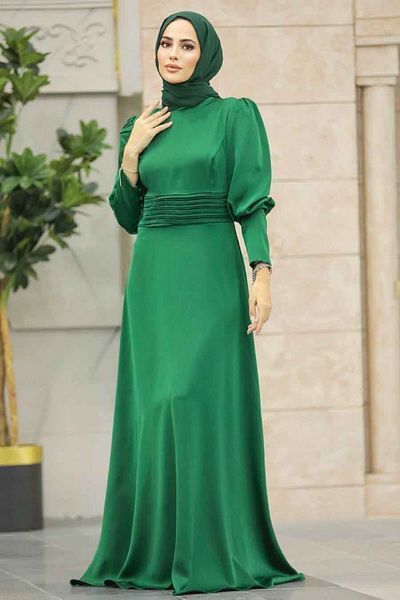 Neva Style Satin Green Hijab Evening Dress 4171Y