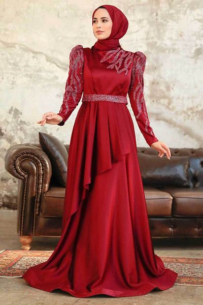 Neva Style Beaded Burgundy Satin Hijab Evening Dress 22671Br