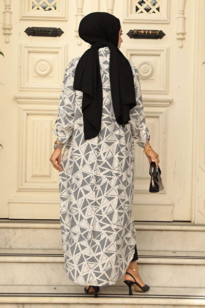 Neva Style Ecru Patterned Hijab Tunic - 10536E