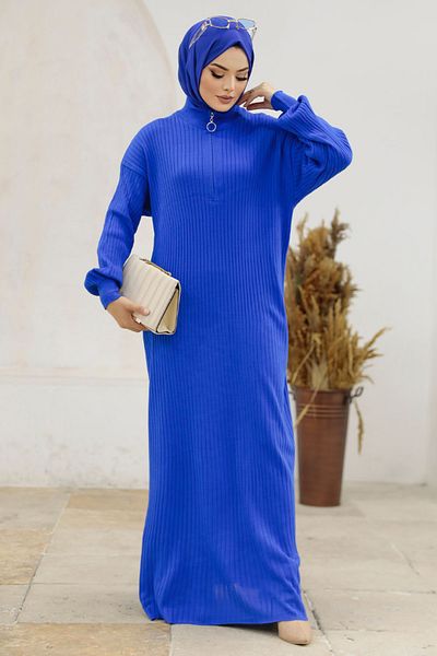 Neva Style Sax Blue Hijab Πλεκτό Φόρεμα 4852sx