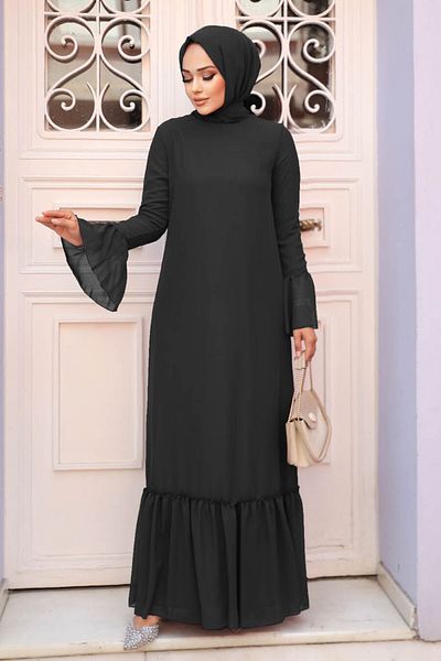 Neva Style Black Hijab Dress with Sleeve Flounces 5729S