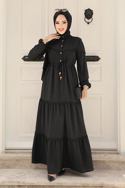 Neva Style - Rochie Hijab neagră cu nasturi 63250s