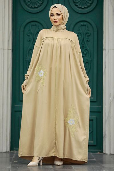 Neva Style - Rochie Hijab Bej cu Motiv 8999bej