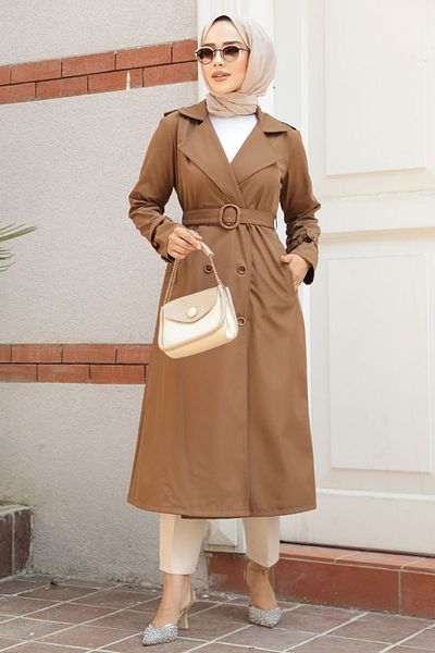 Neva Style Καμπαρντίνα Taba Hijab - Με αγκράφες και ζώνη, Μοντέλο 5942TB