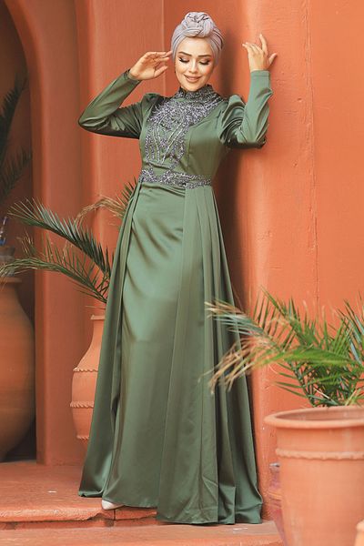 Neva Style فستان سهرة من الساتان الكاكي المحتشم مع ذيل 25878hk