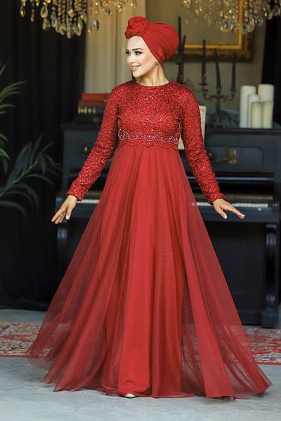 Neva Style Rochie de seara musulmana burgundy brodata cu margele 9160br
