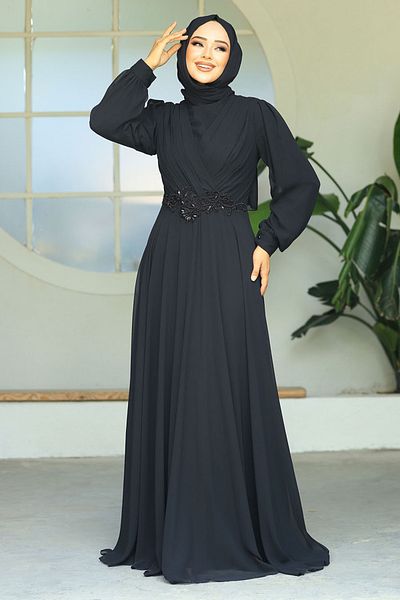 Neva Style Δαντελένιο Λεπτομερές Μαύρο Φόρεμα Μπάλας Hijab 3435s