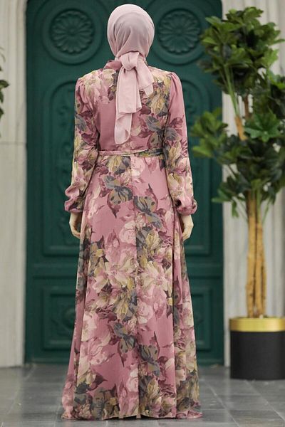 Neva Style Floral Patterned Dusty Rose Hijab Dress 279318 Gk
