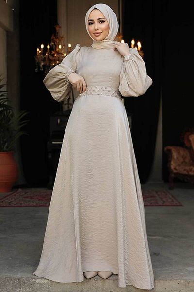 Neva Style Bead Detailed Mink Hijab Evening Dress 23301V