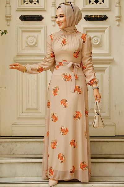 Neva Style Φόρεμα Hijab Mink με σχέδια λουλουδιών 27937v