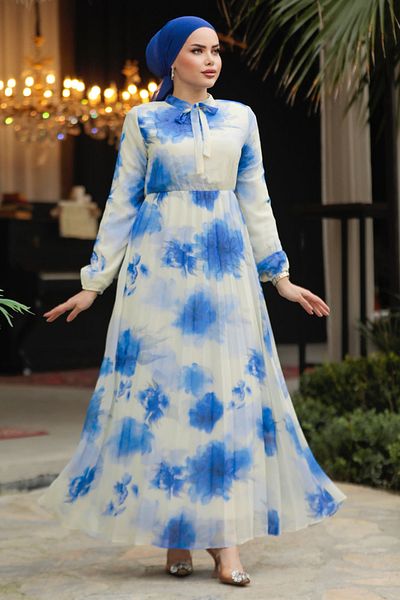 Neva Style Patterned Blue Hijab Dress 50356M